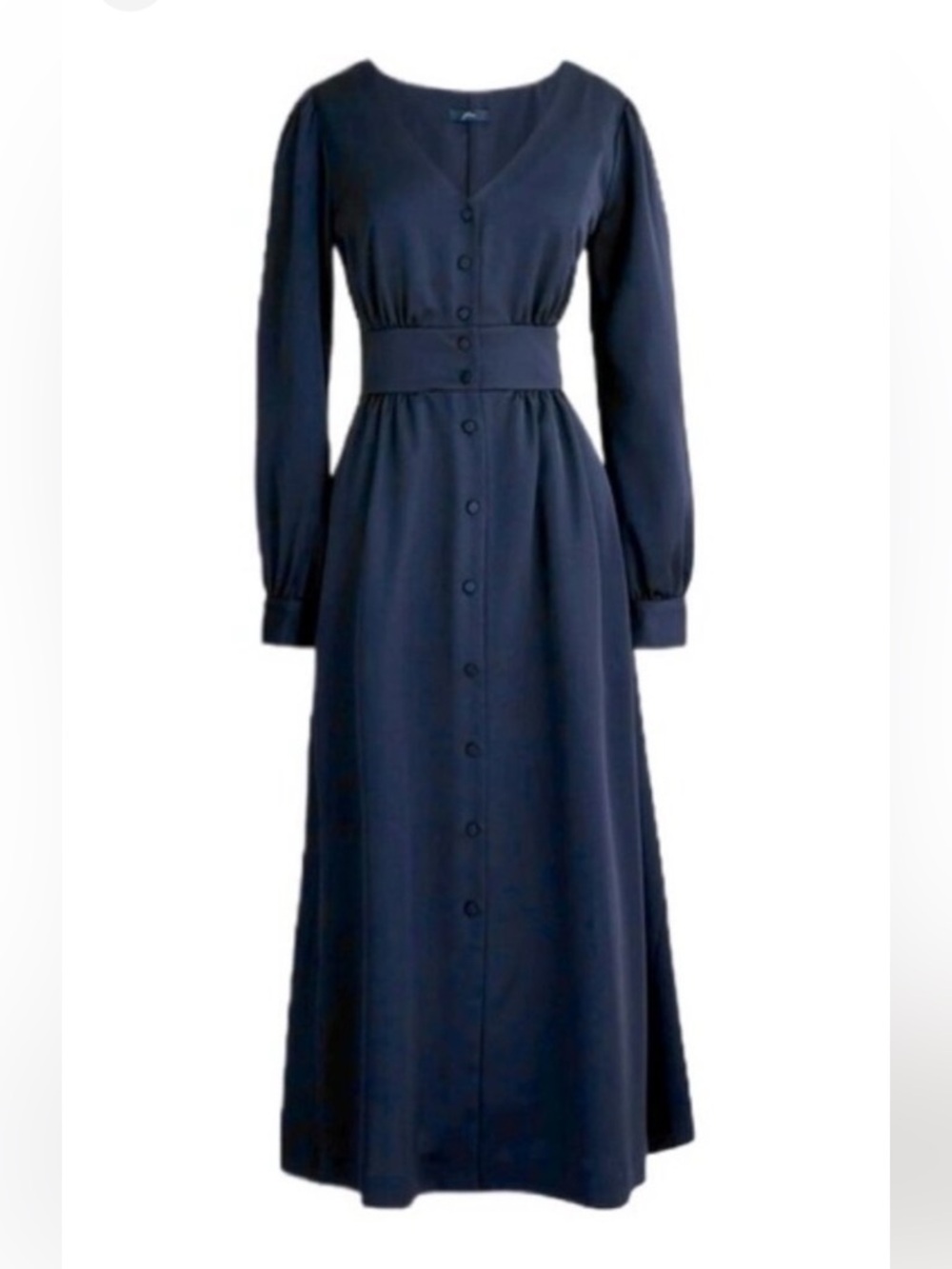 J Crew Satin Navy Long Sleeve Aline Midi Dress Button Down